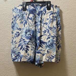 H&M Linen Blend Blue Floral Elastic Waist Shorts Size M